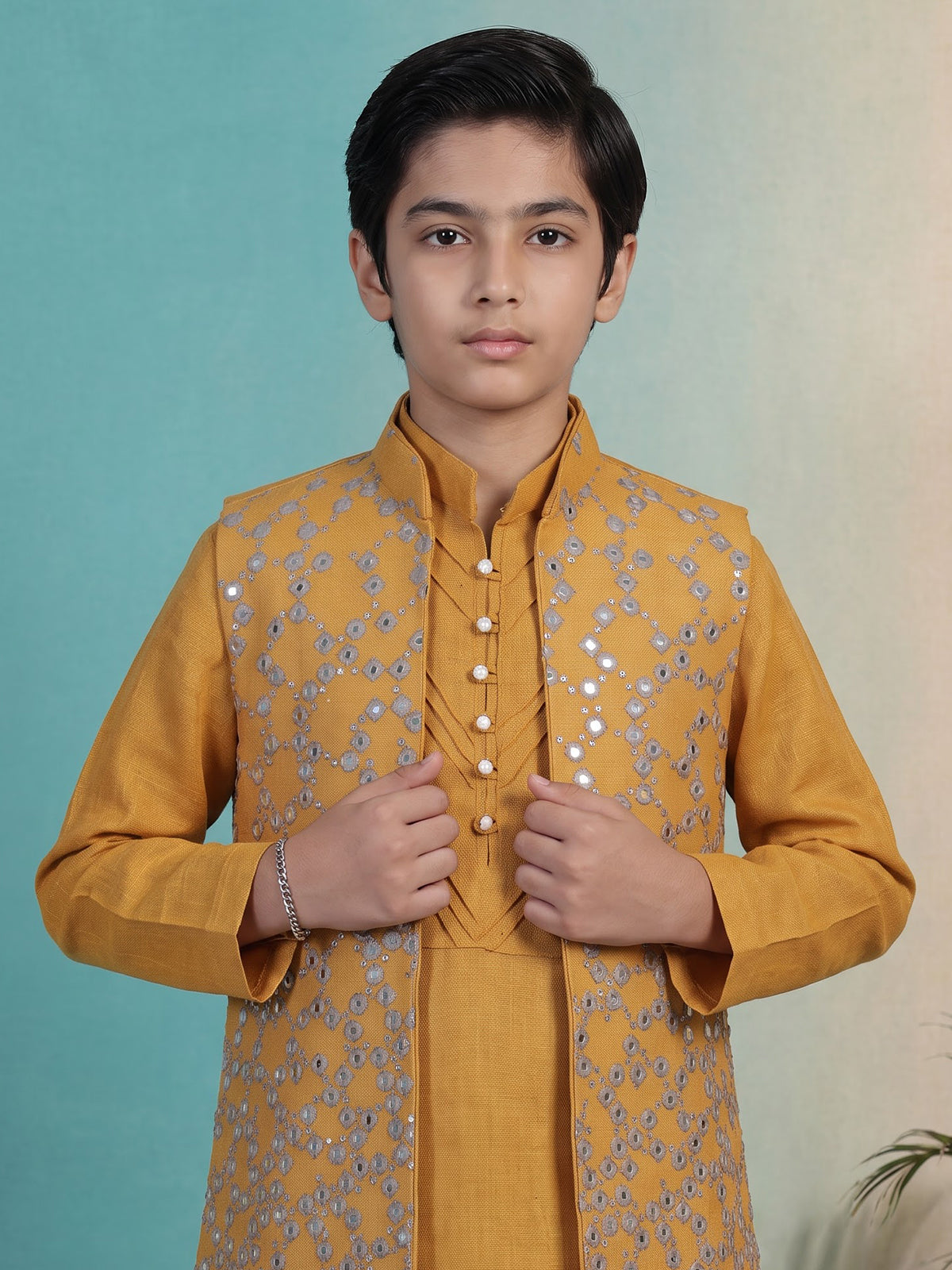 Mustard yellow aabla embroidered boys waistcoat set