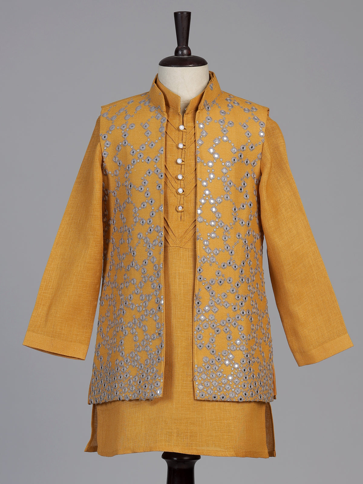 Mustard yellow aabla embroidered boys waistcoat set