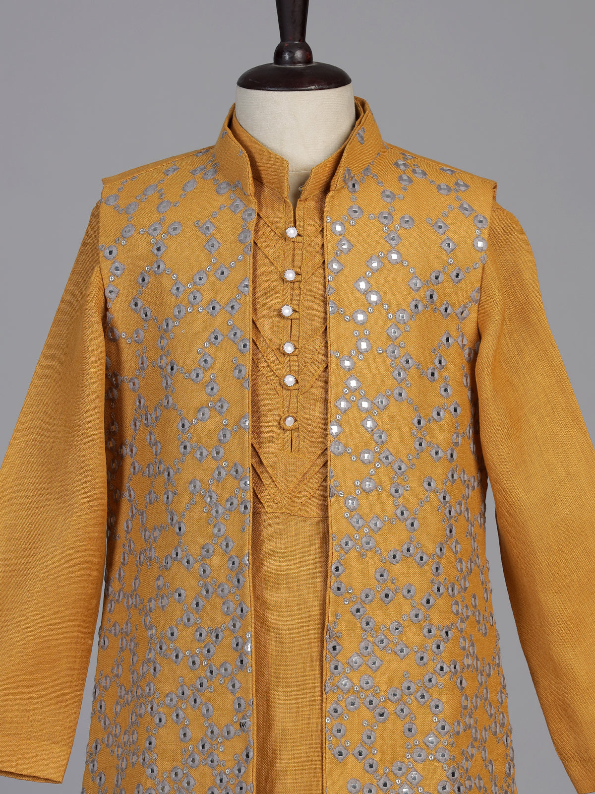 Mustard yellow aabla embroidered boys waistcoat set