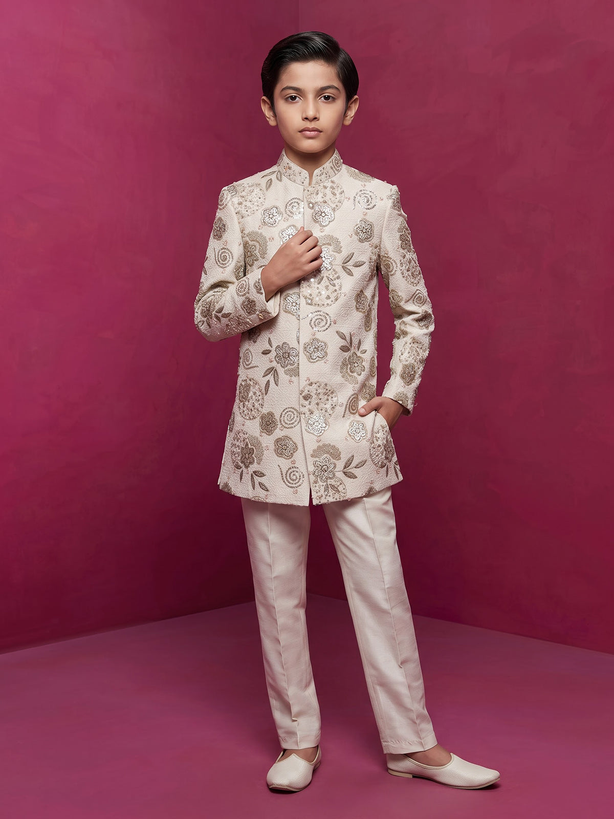 White floral embellished boys indo western