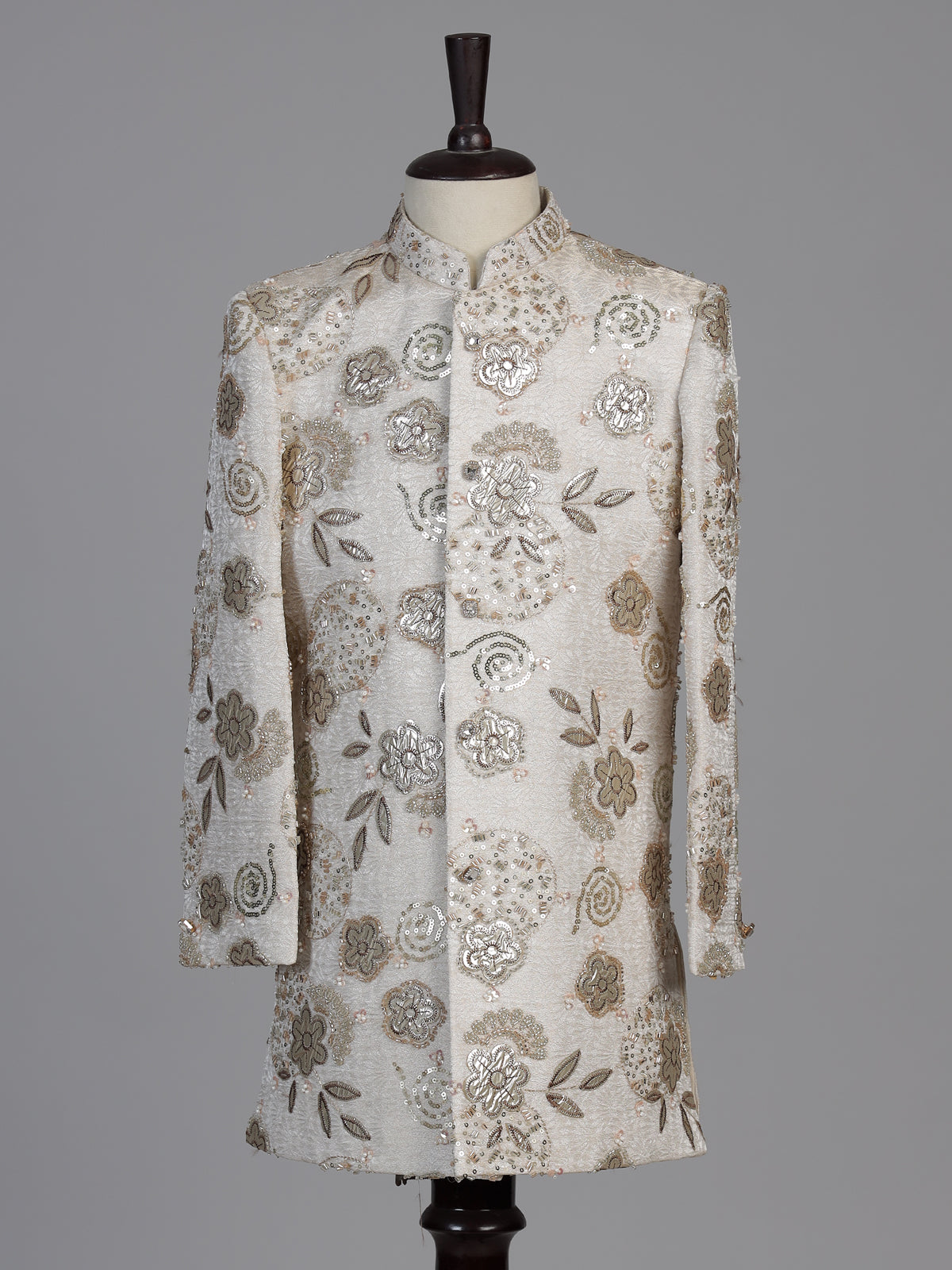 White floral embellished boys indo western