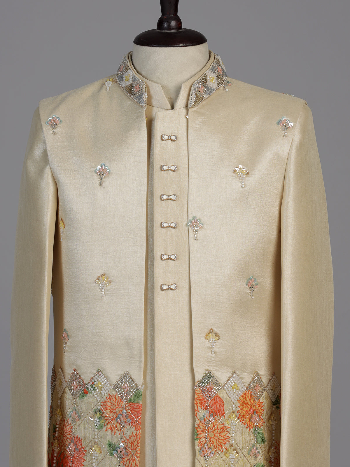 Pastel beige floral boys indo western