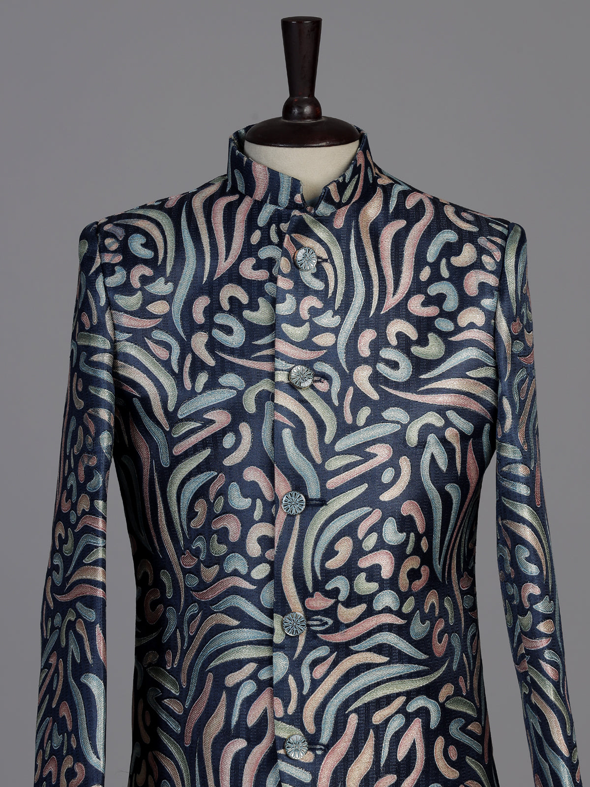 Blue textured embroidered boys indo western