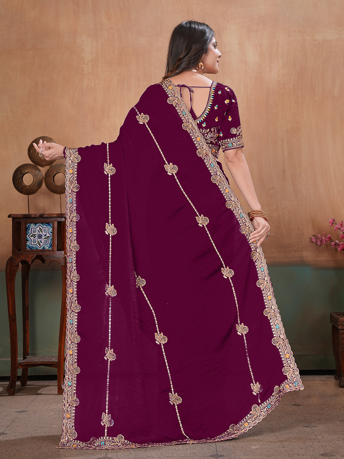 Wine luxurious festive satin saree with blouse