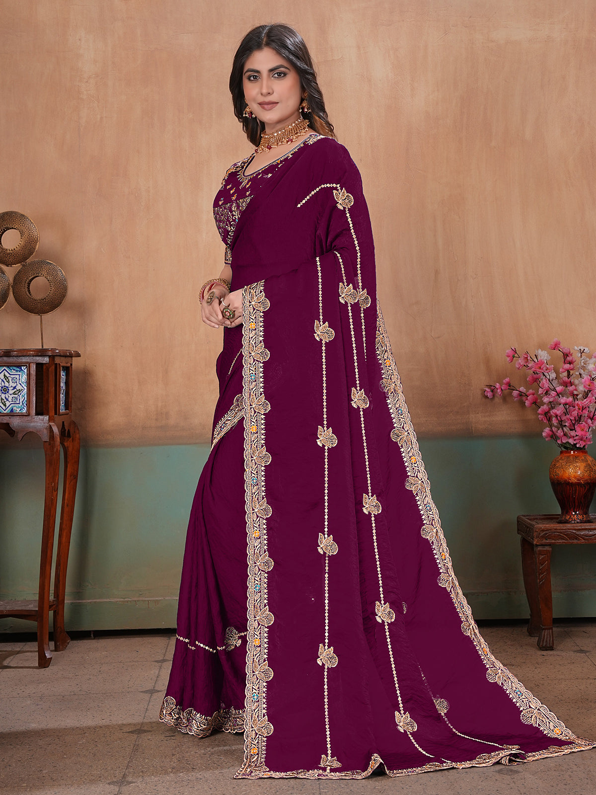 Wine luxurious festive satin saree with blouse