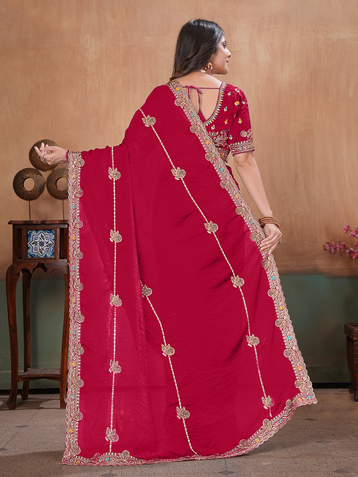 Red majestic designer satin saree with blouse