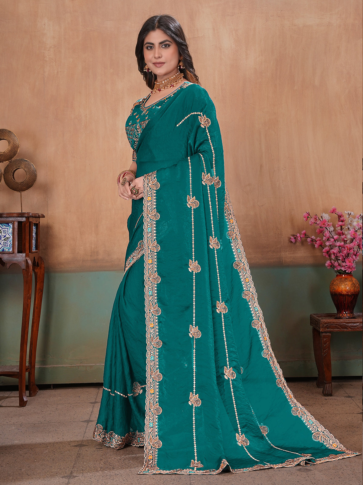 Green royal embellished satin saree with blouse
