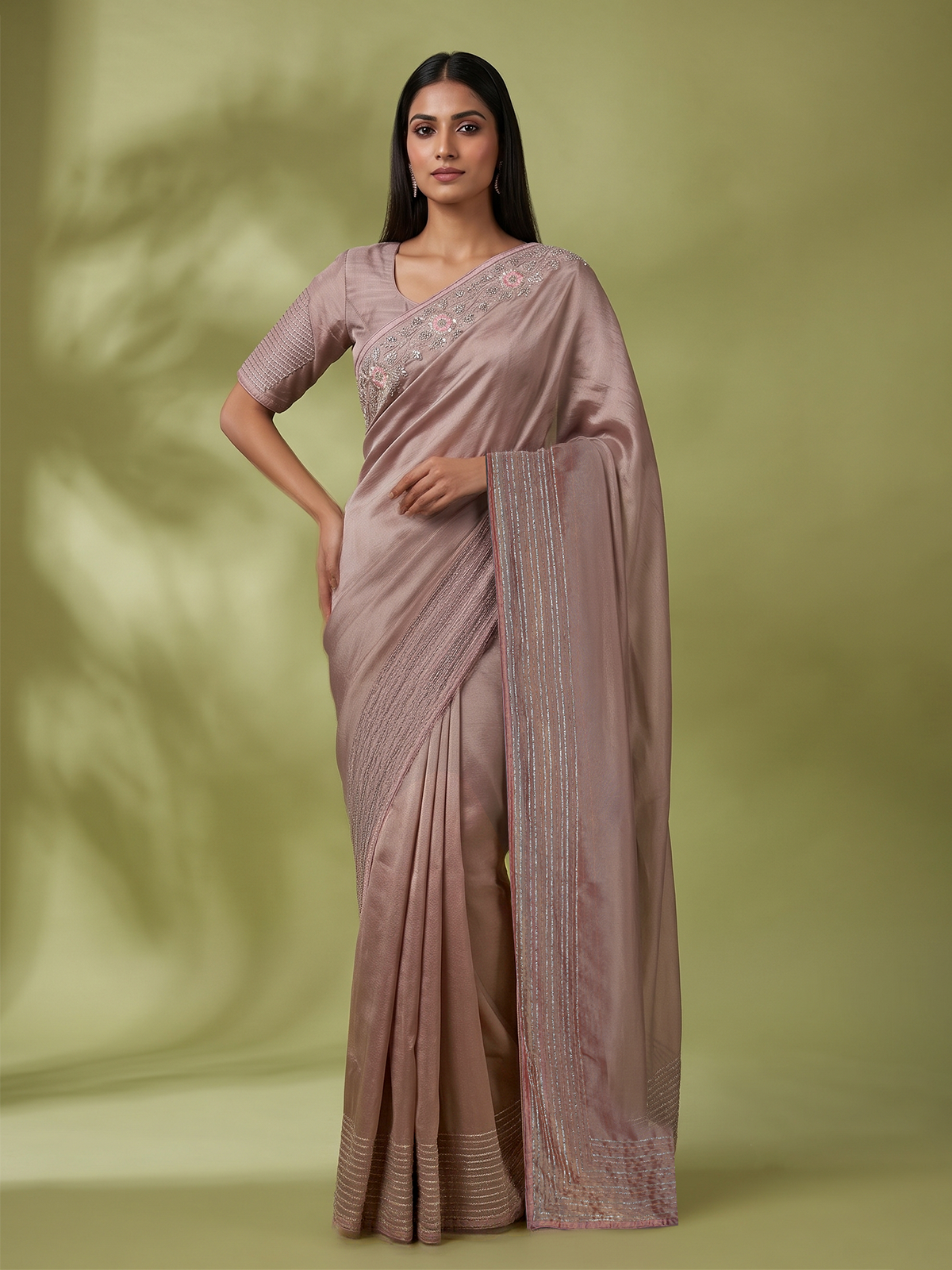 Onion pink metallic tissue silk saree women