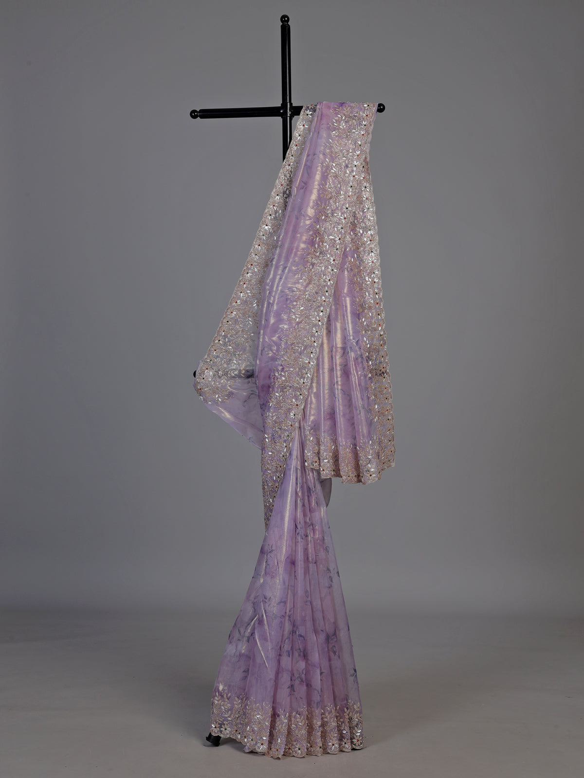 Purple floral scalloped tissue silk saree women