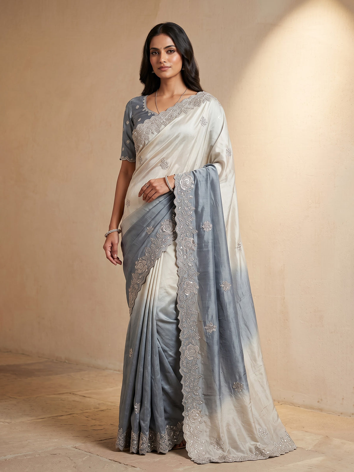 Cream grey shaded sequin tissue silk saree women