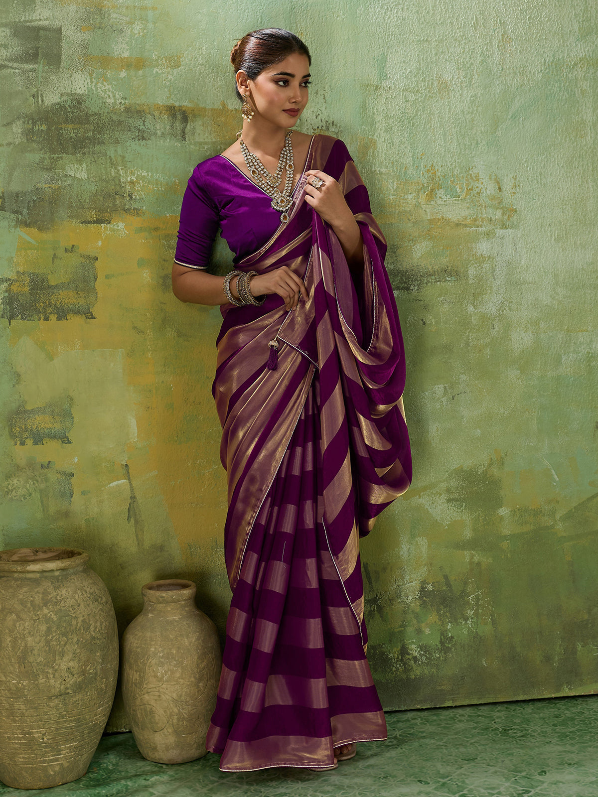 Royal purple satin silk saree for women