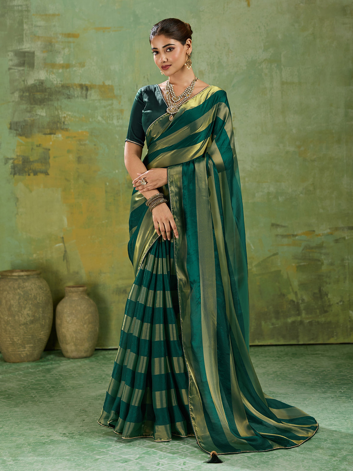 Graceful green festive satin saree for women