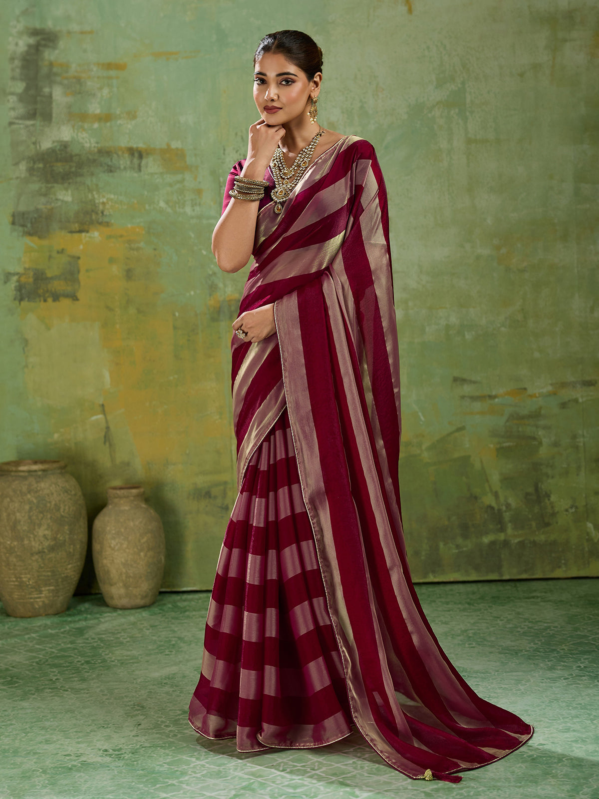 Elegant wine zari satin silk saree for women