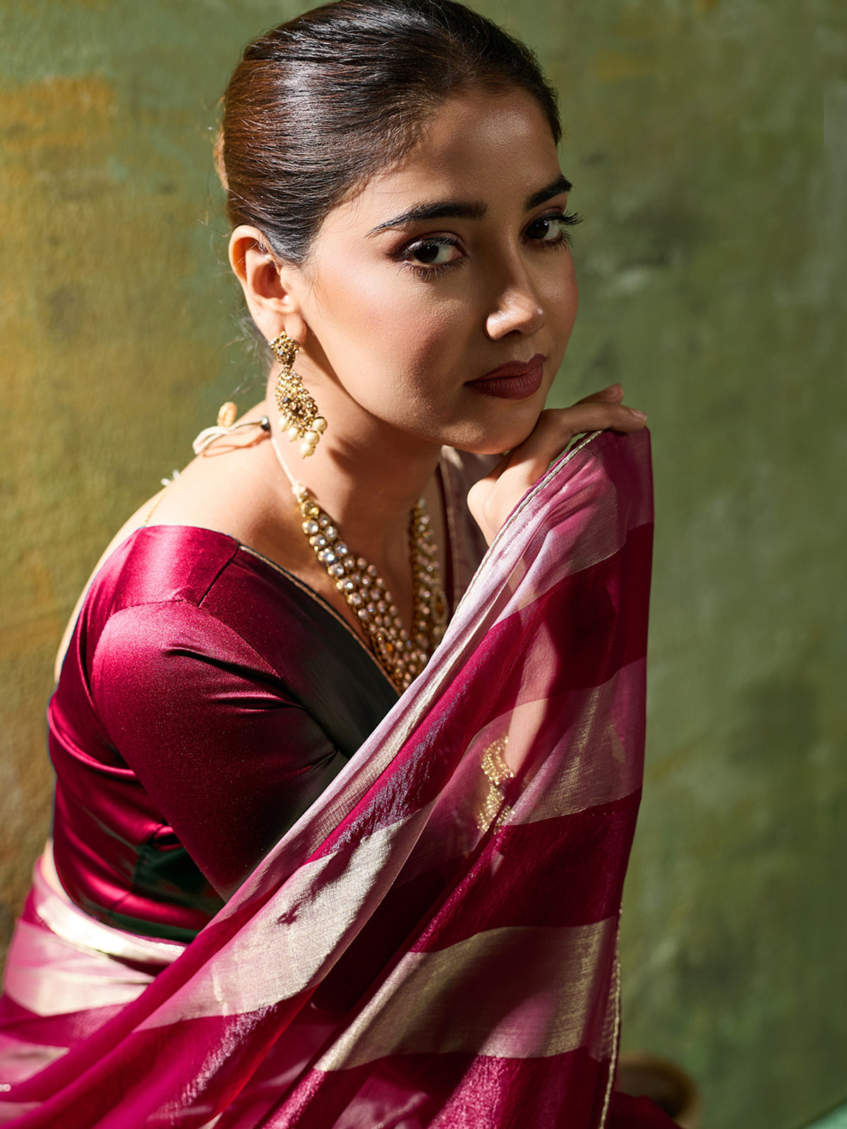 Elegant wine zari satin silk saree for women