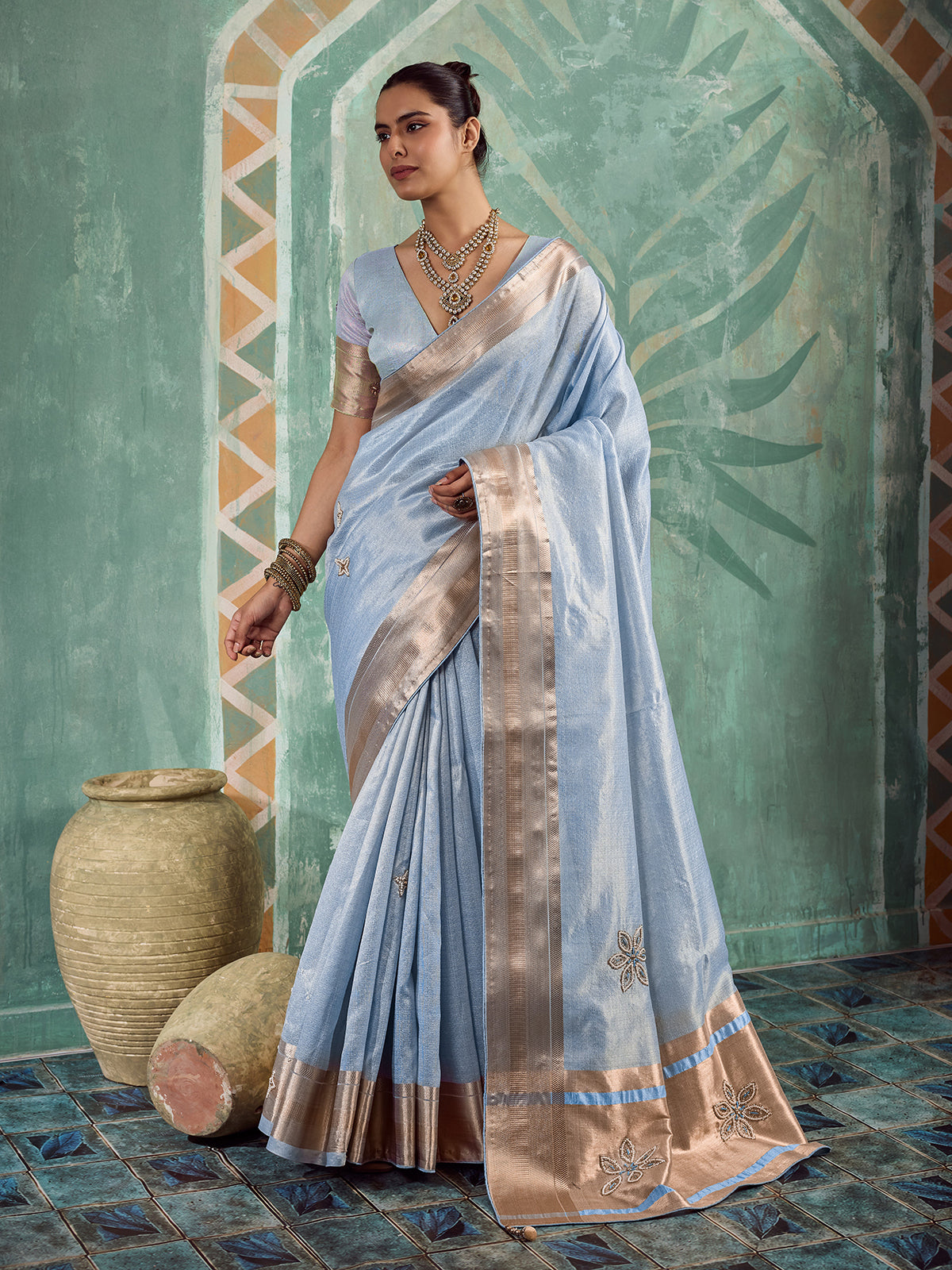 Majestic blue designer tissue cotton saree for women