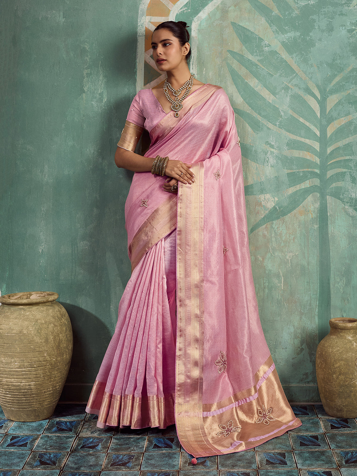Blush pink festive tissue cotton saree for women