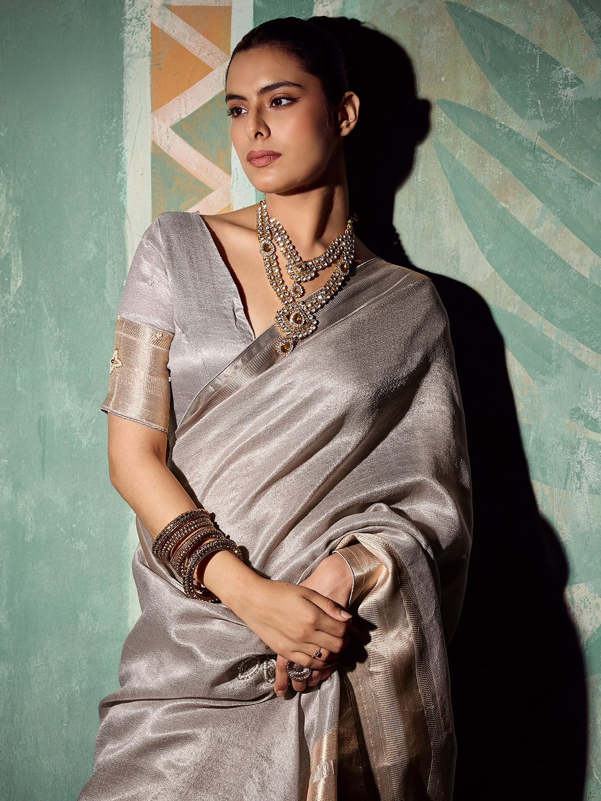 Radiant grey embroidered tissue cotton saree for women