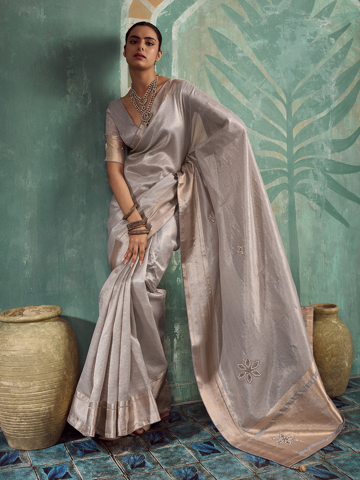 Radiant grey embroidered tissue cotton saree for women