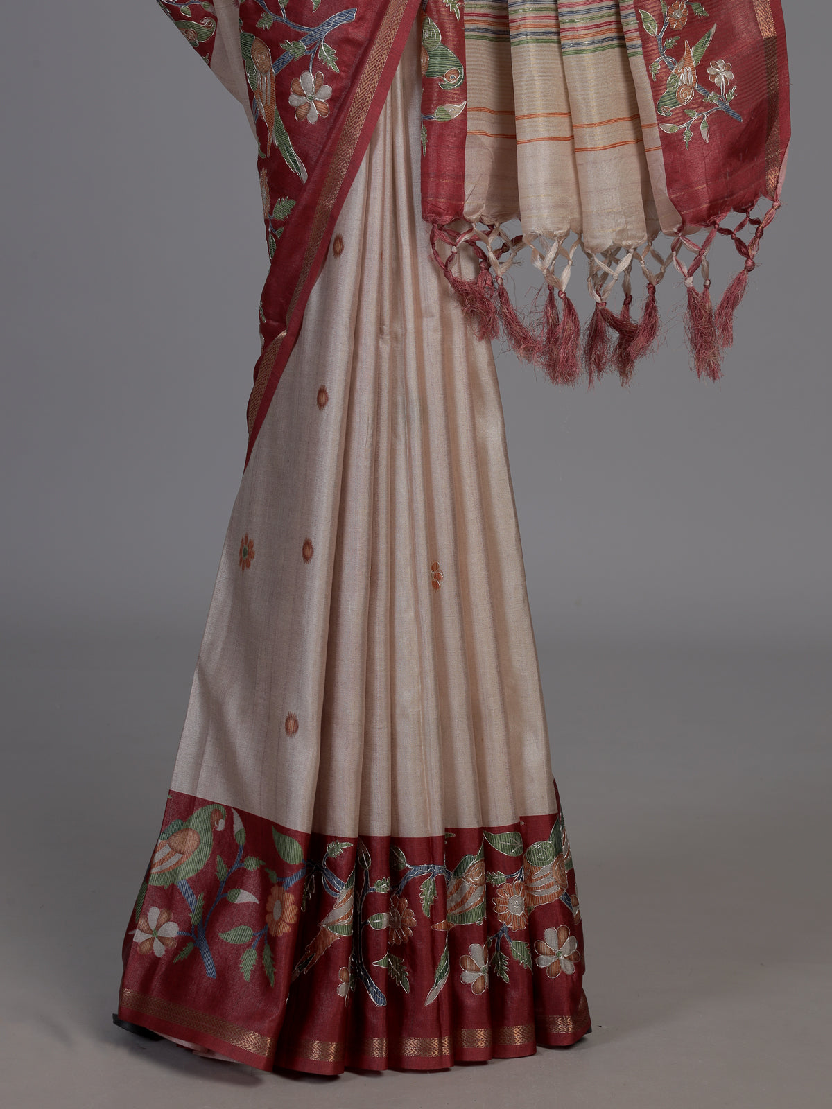 Beige and maroon art tusser silk saree with floral bird motifs