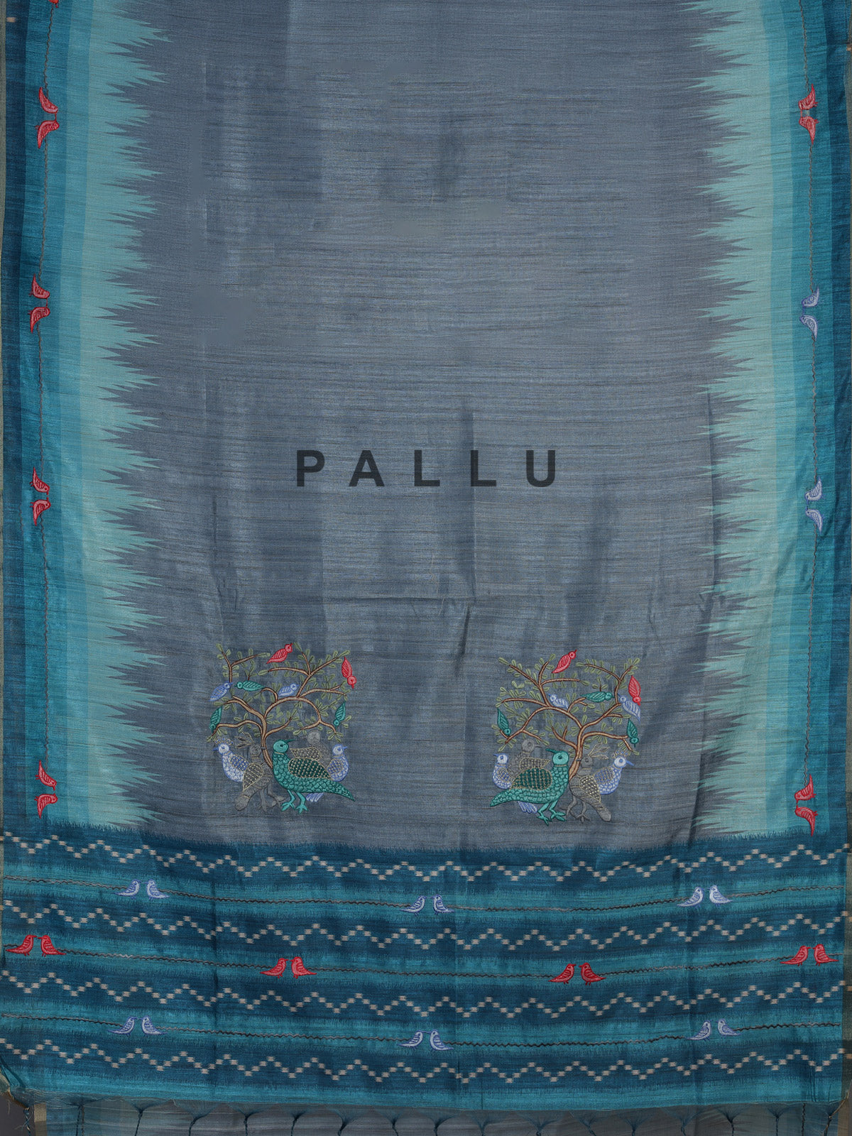 Blue and grey cotton silk saree with elegant bird motifs