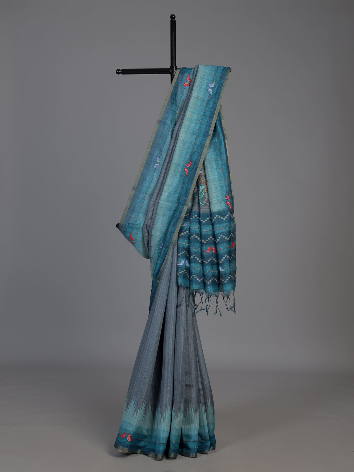 Blue and grey cotton silk saree with elegant bird motifs