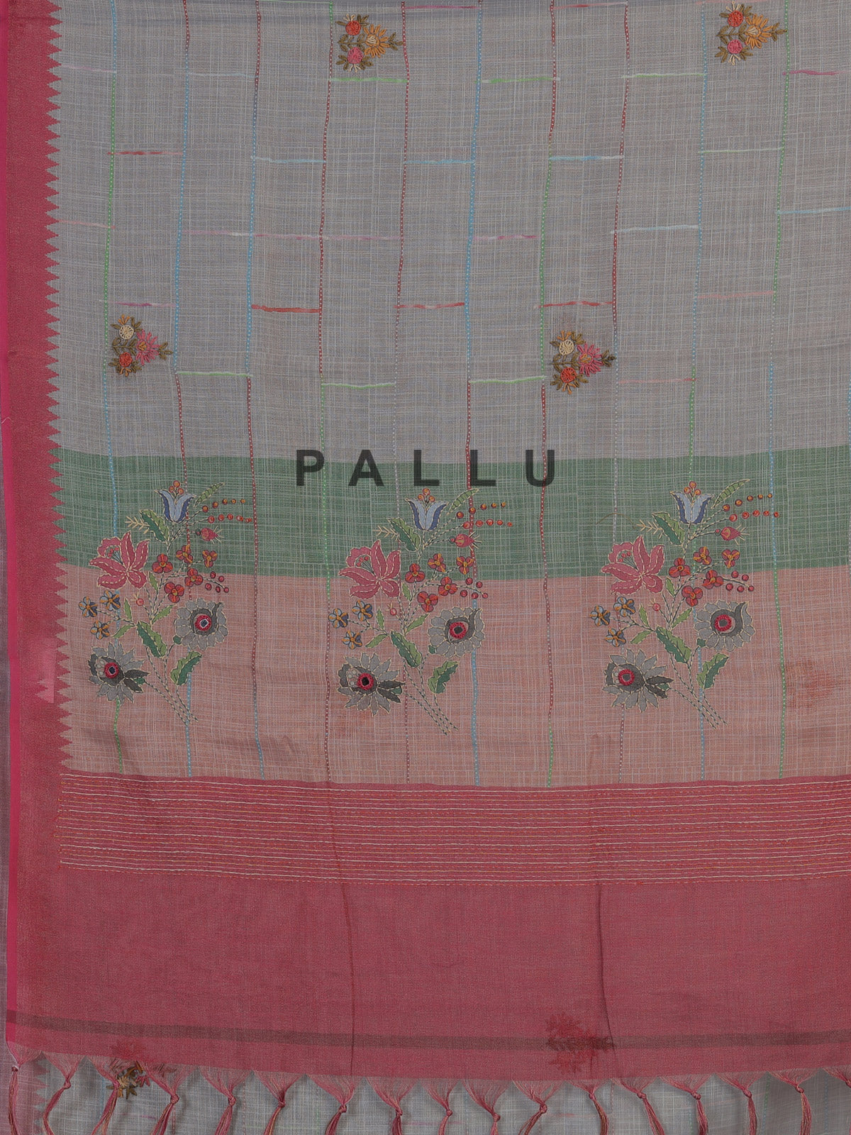Grey cotton silk saree with floral mirror work elegance