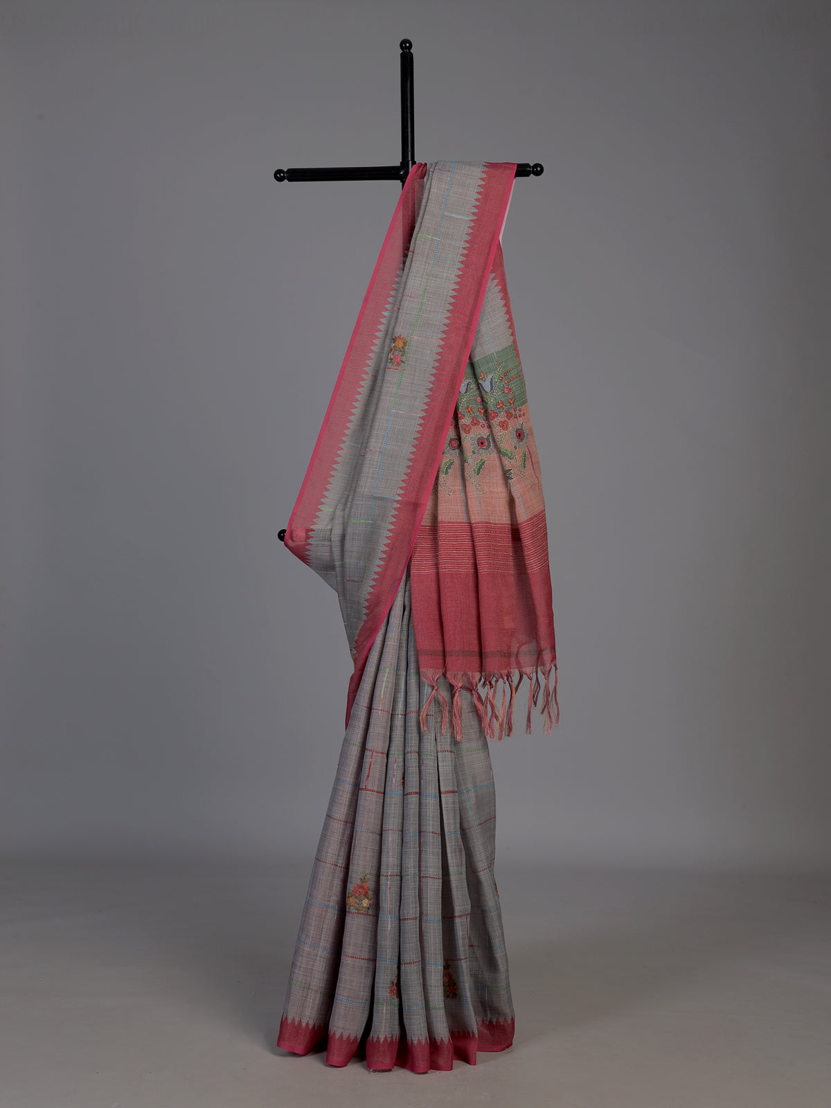 Grey cotton silk saree with floral mirror work elegance