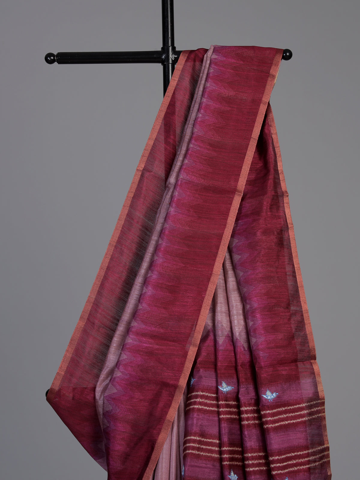 Wine cotton silk saree with bird motifs and tassel accents