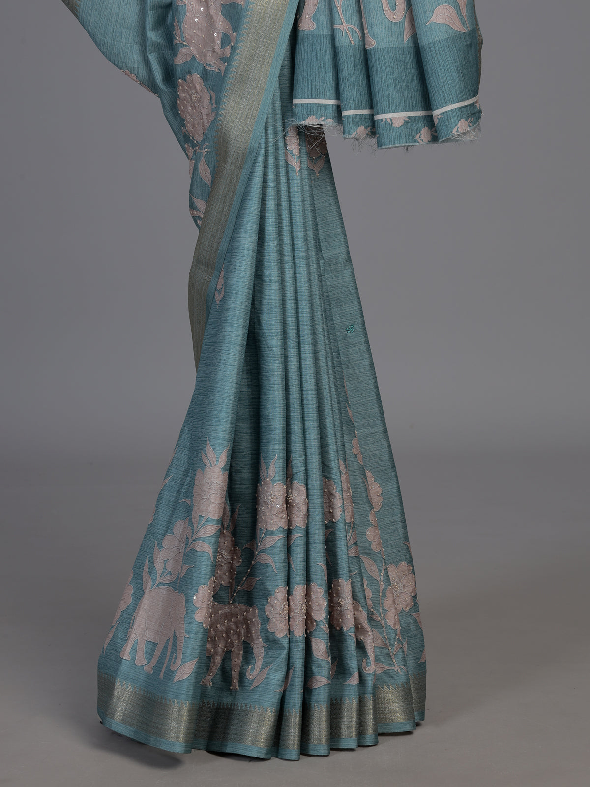 Blue art silk saree with floral elephant printed motifs