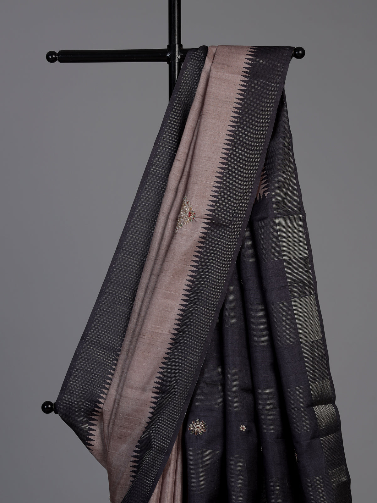 Pastel brown semi tusser silk saree with black border elegance