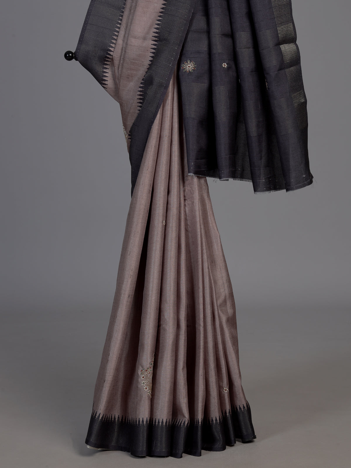 Pastel brown semi tusser silk saree with black border elegance