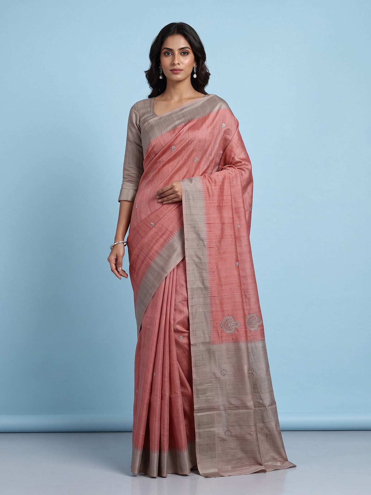 Peach semi tusser silk saree with grey border zari detailing