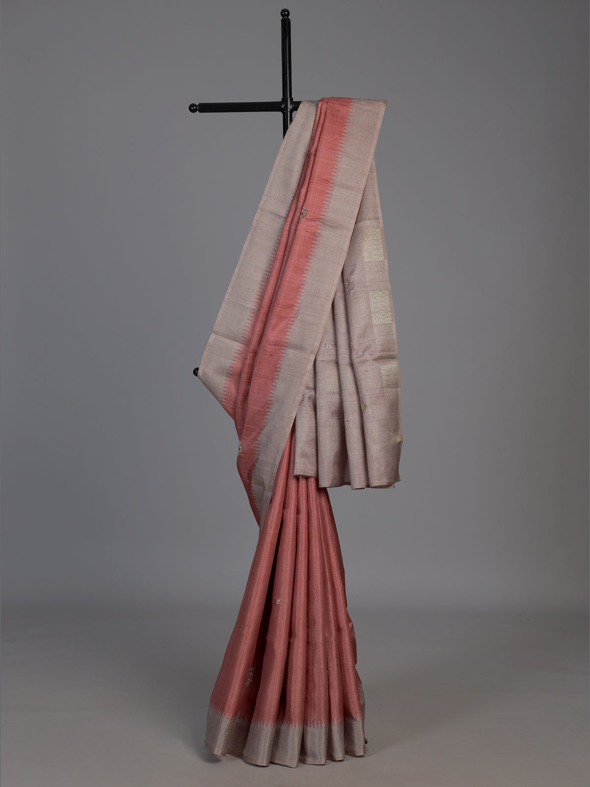 Peach semi tusser silk saree with grey border zari detailing