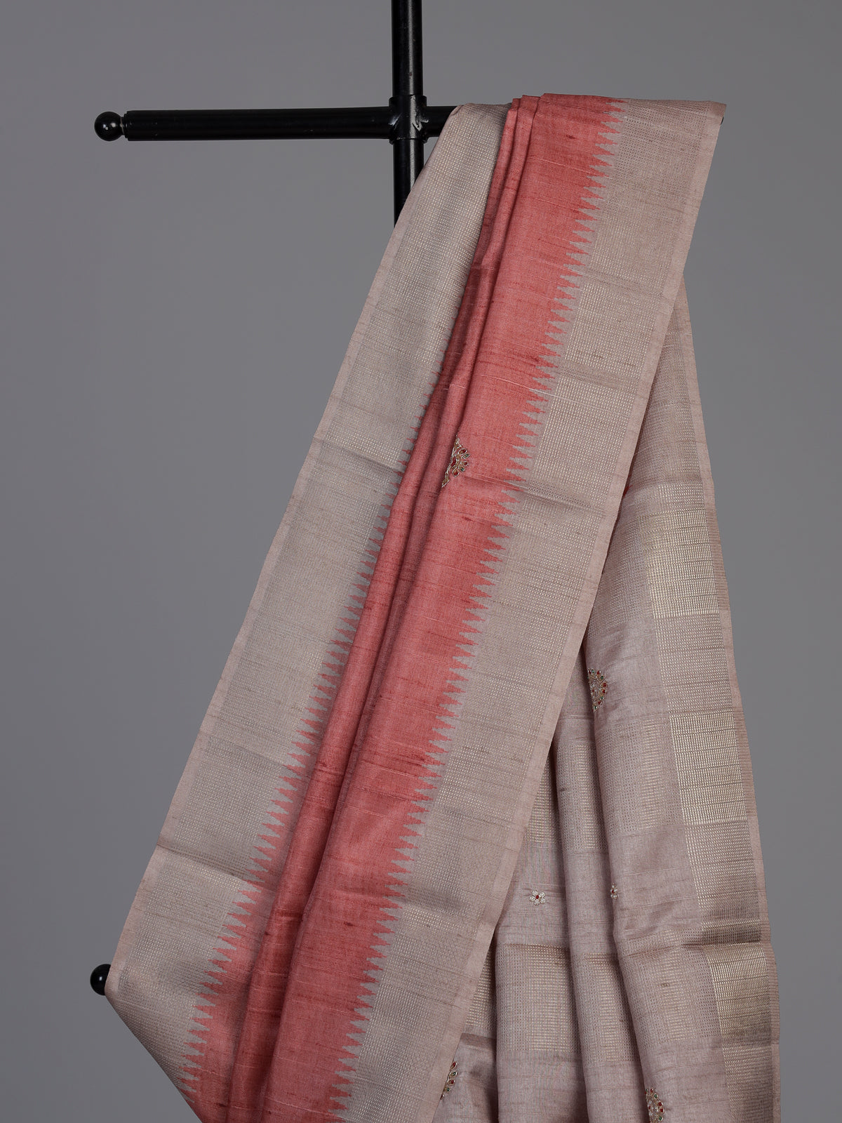 Peach semi tusser silk saree with grey border zari detailing