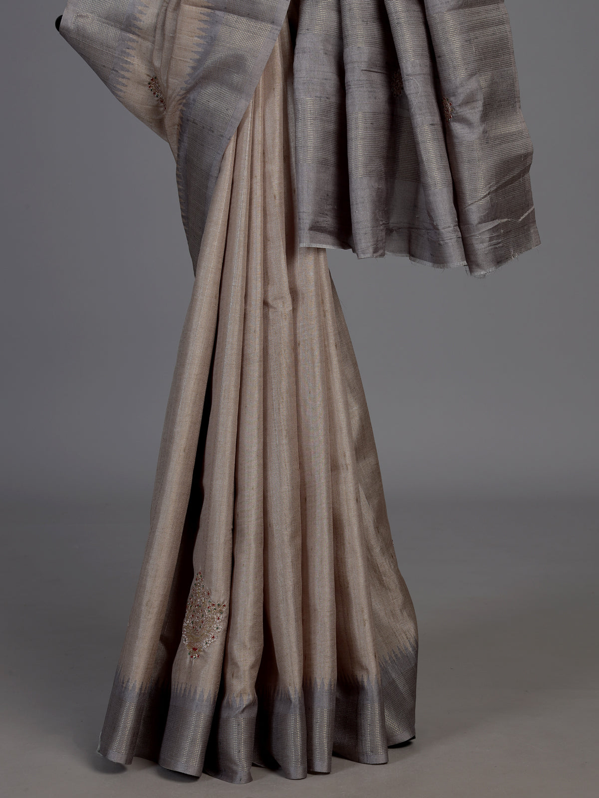 Pastel beige semi tusser silk saree with grey contrast border