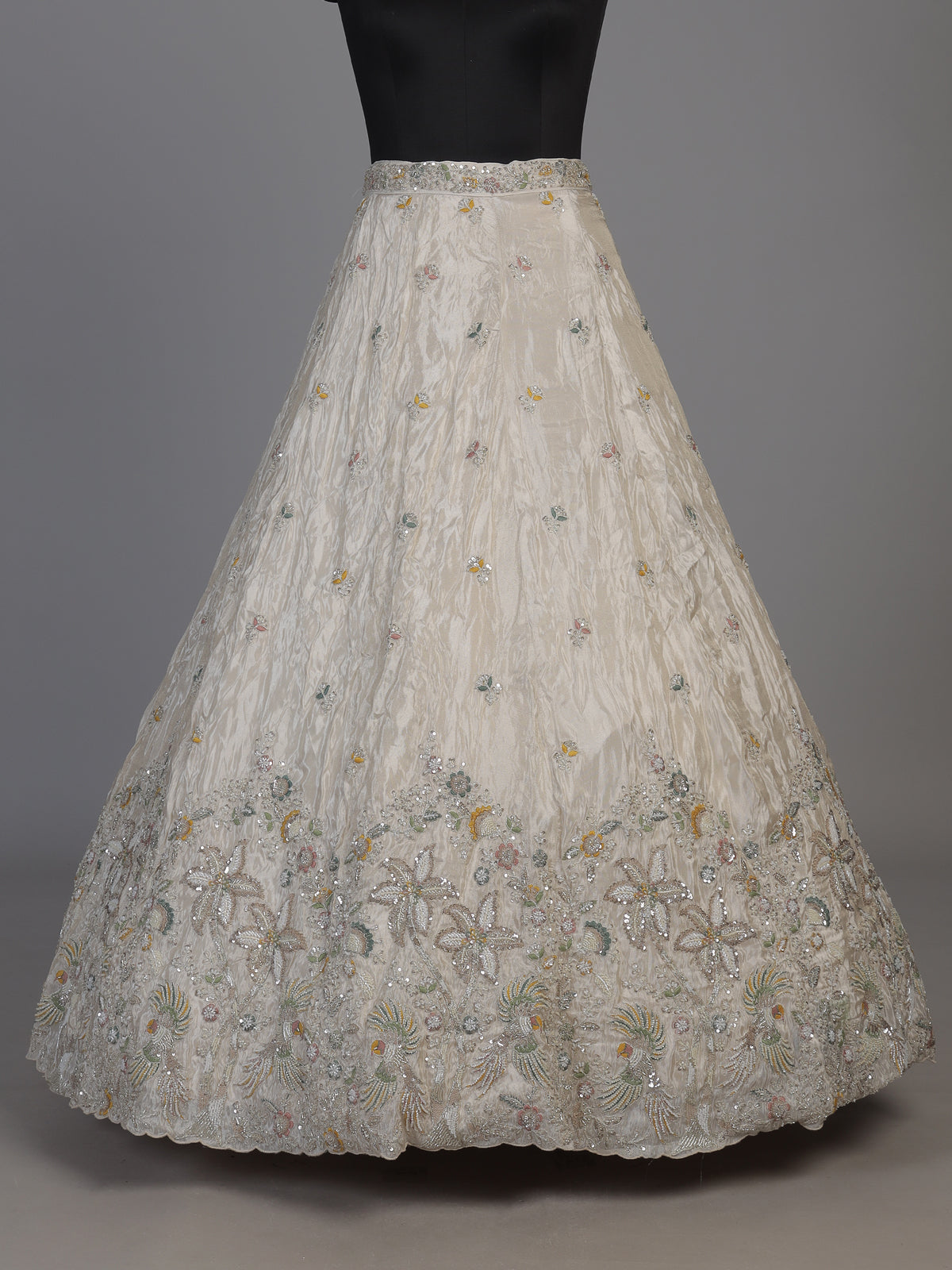 White silk lehenga choli featuring graceful birds and contrast dupatta