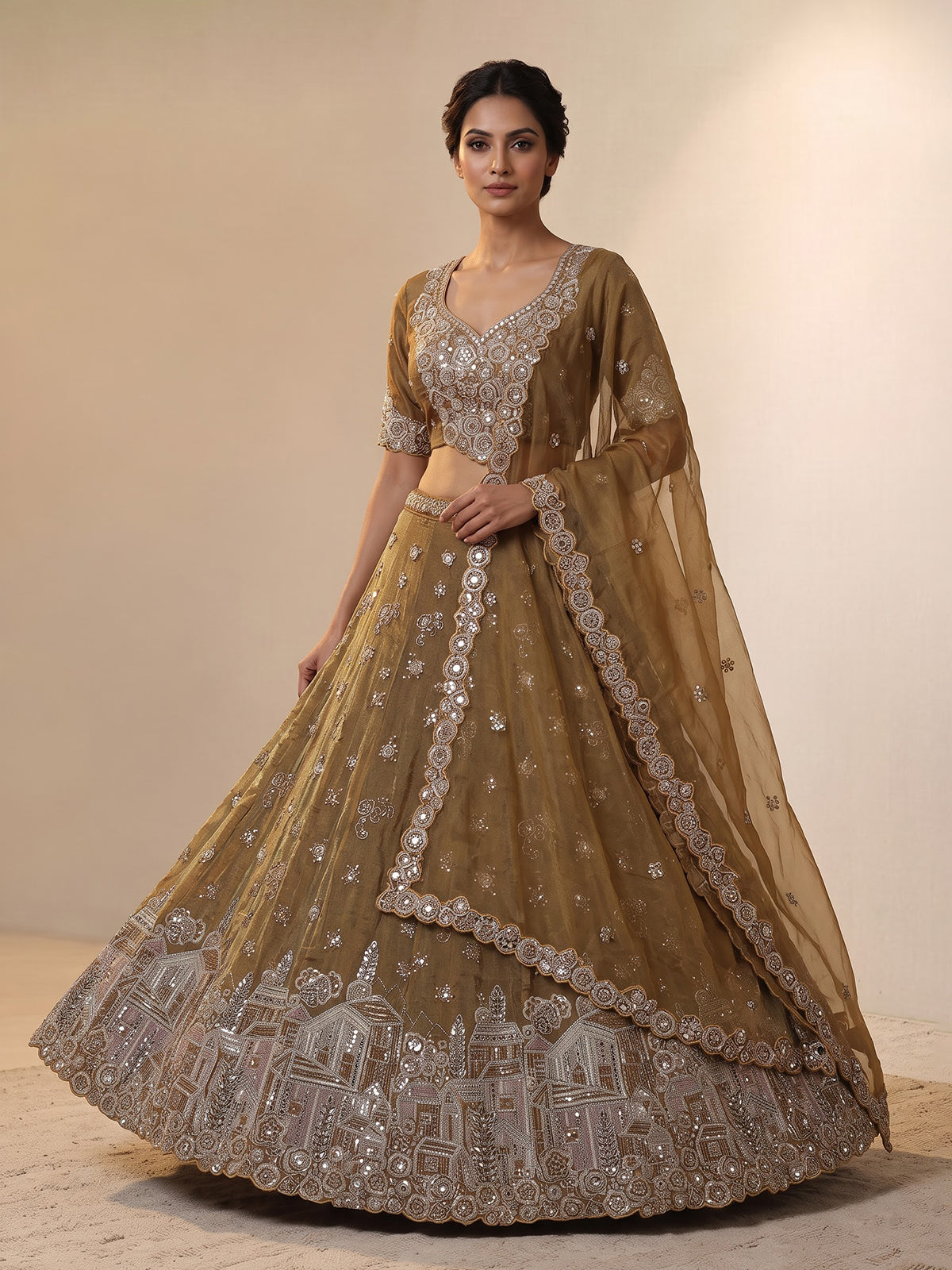 Pastel brown tissue silk lehenga choli with mirror embellishments