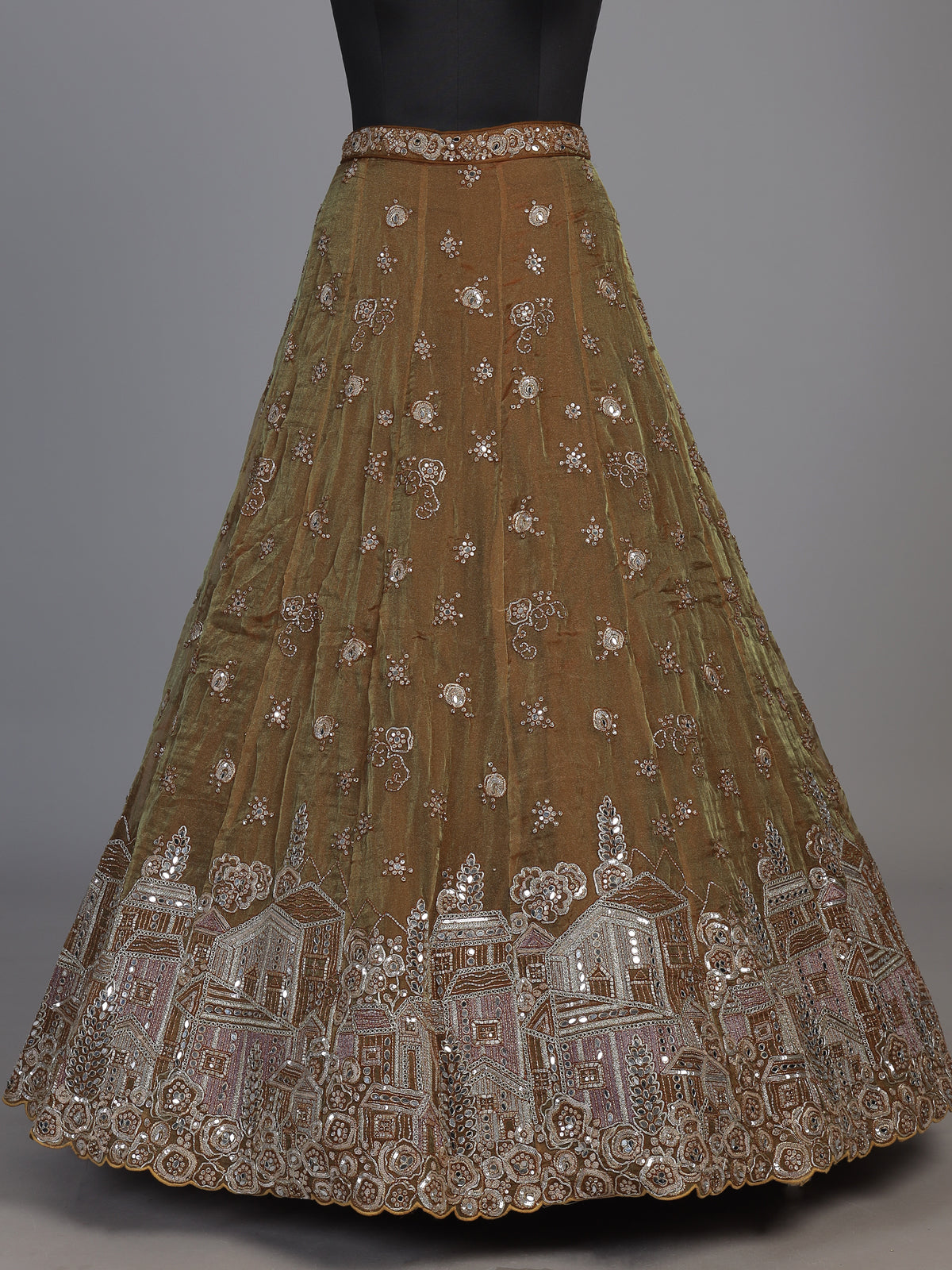 Pastel brown tissue silk lehenga choli with mirror embellishments