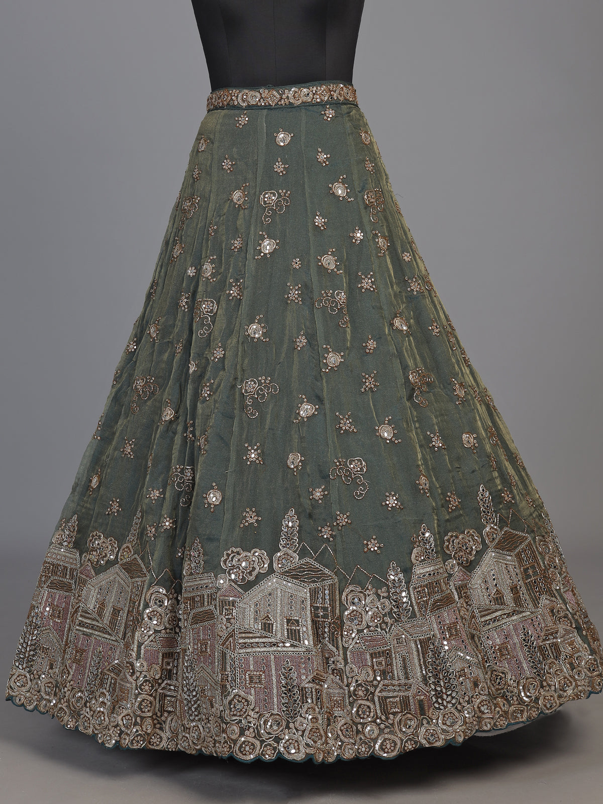 Sage green tissue silk lehenga choli with mirror accents