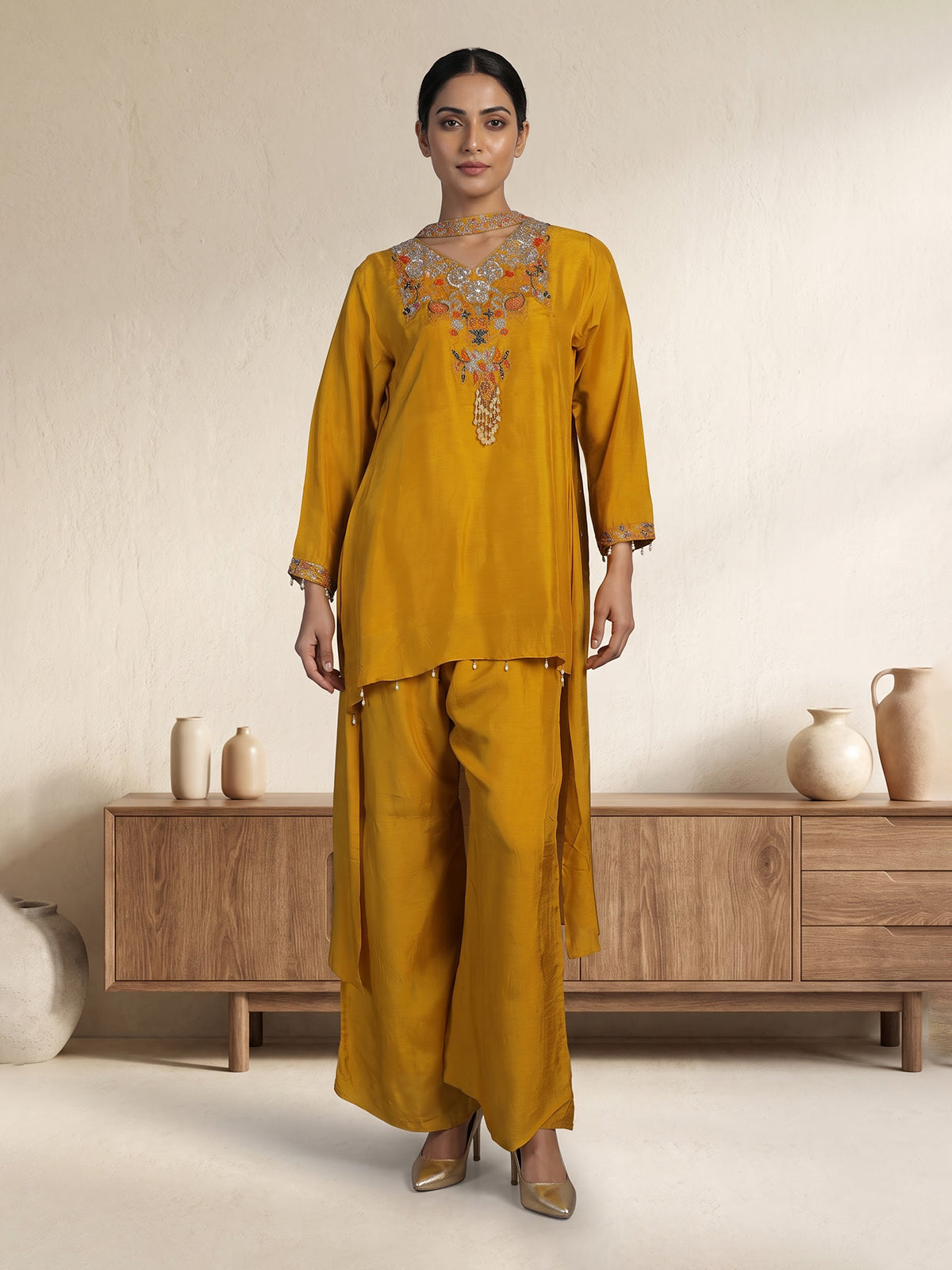 Mustard yellow designer choker dupatta suit for women