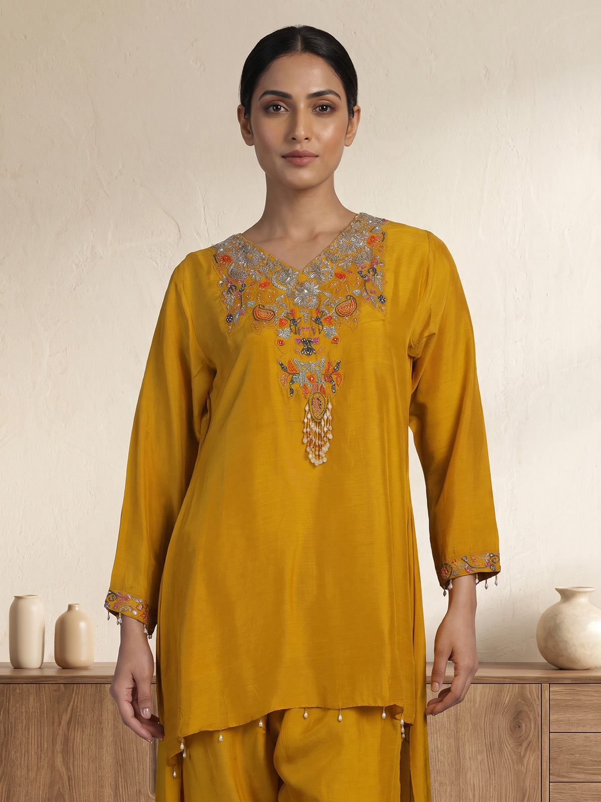 Mustard yellow designer choker dupatta suit for women