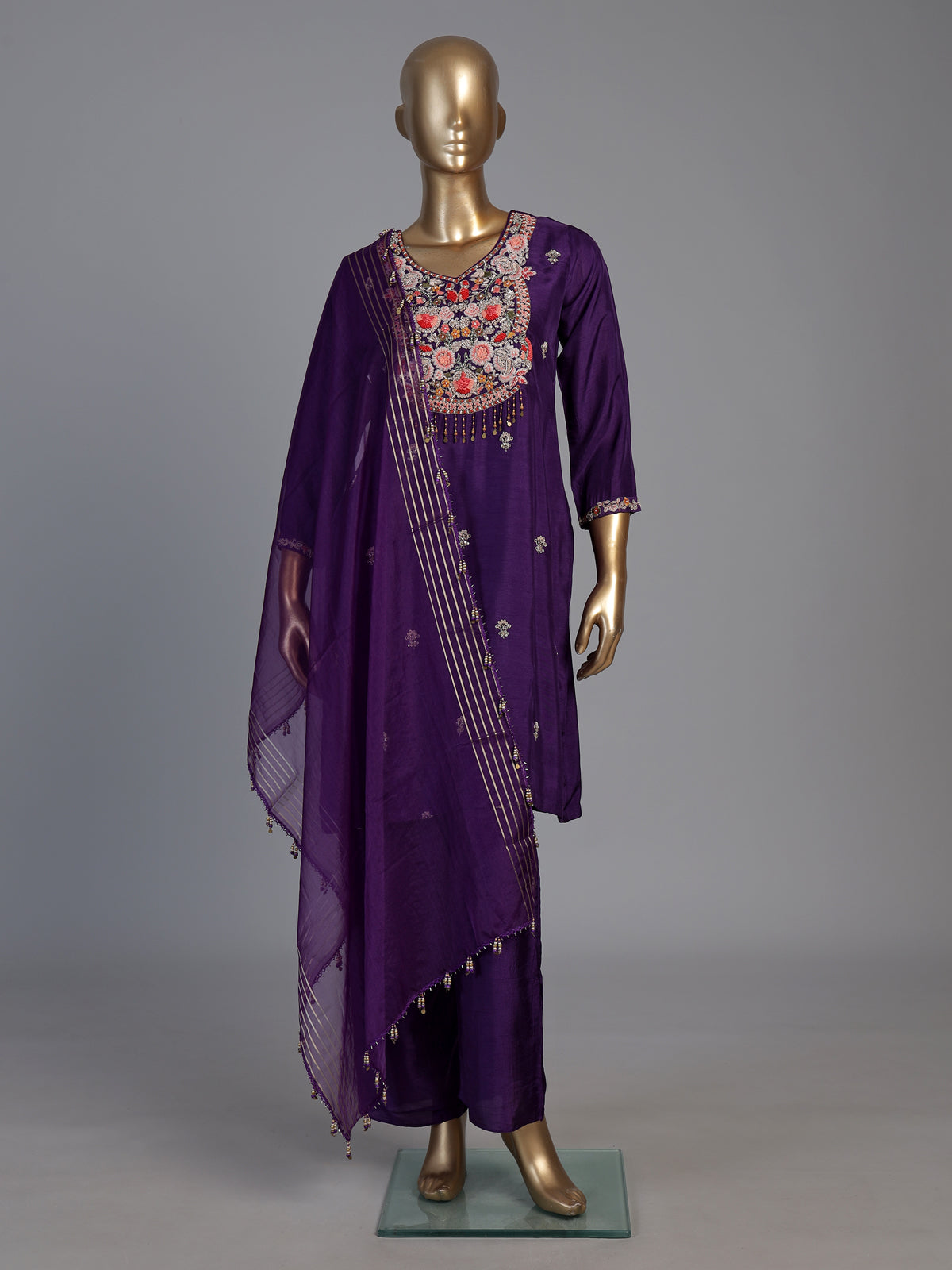 Purple embellished straight cut suit for women