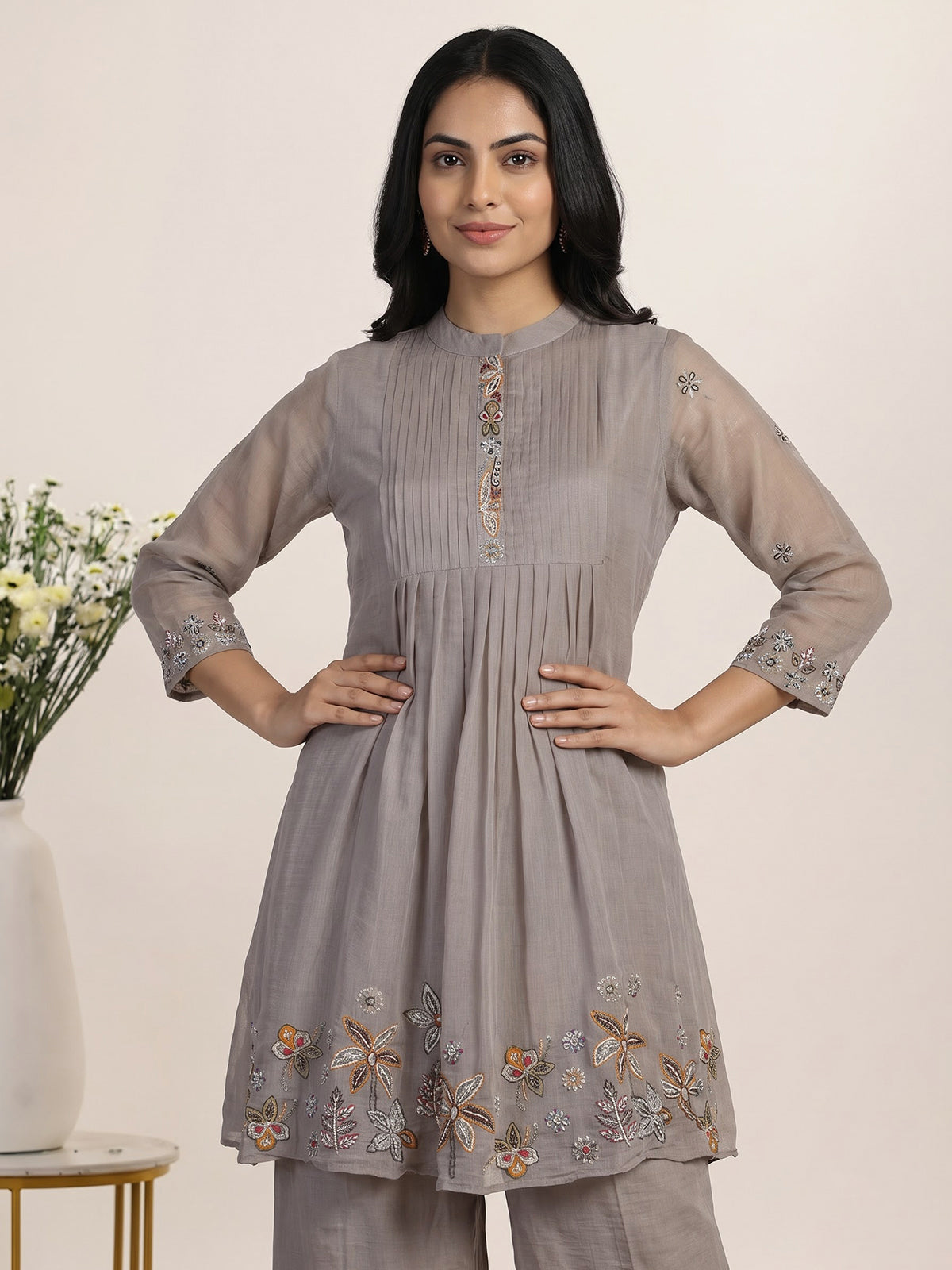 Grey embroidered cotton silk sharara suit for women