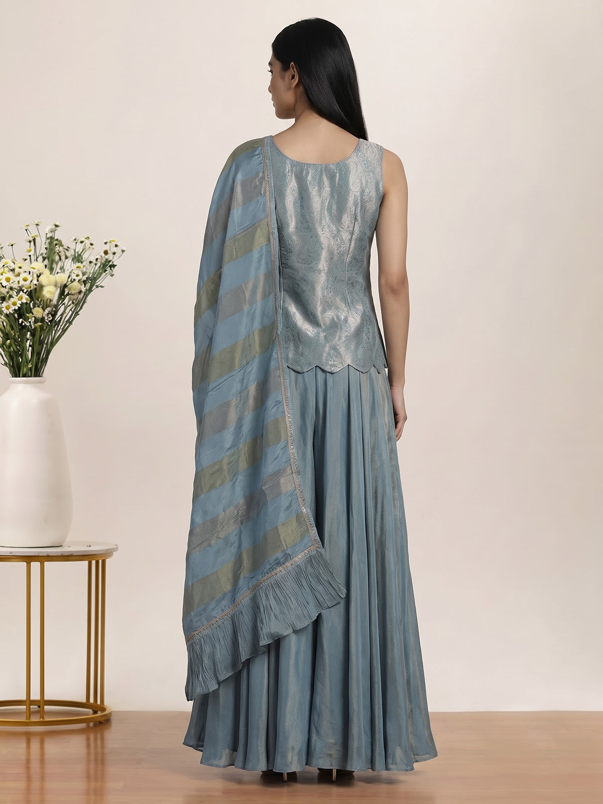 Blue embellished sleeveless sharara suit for women