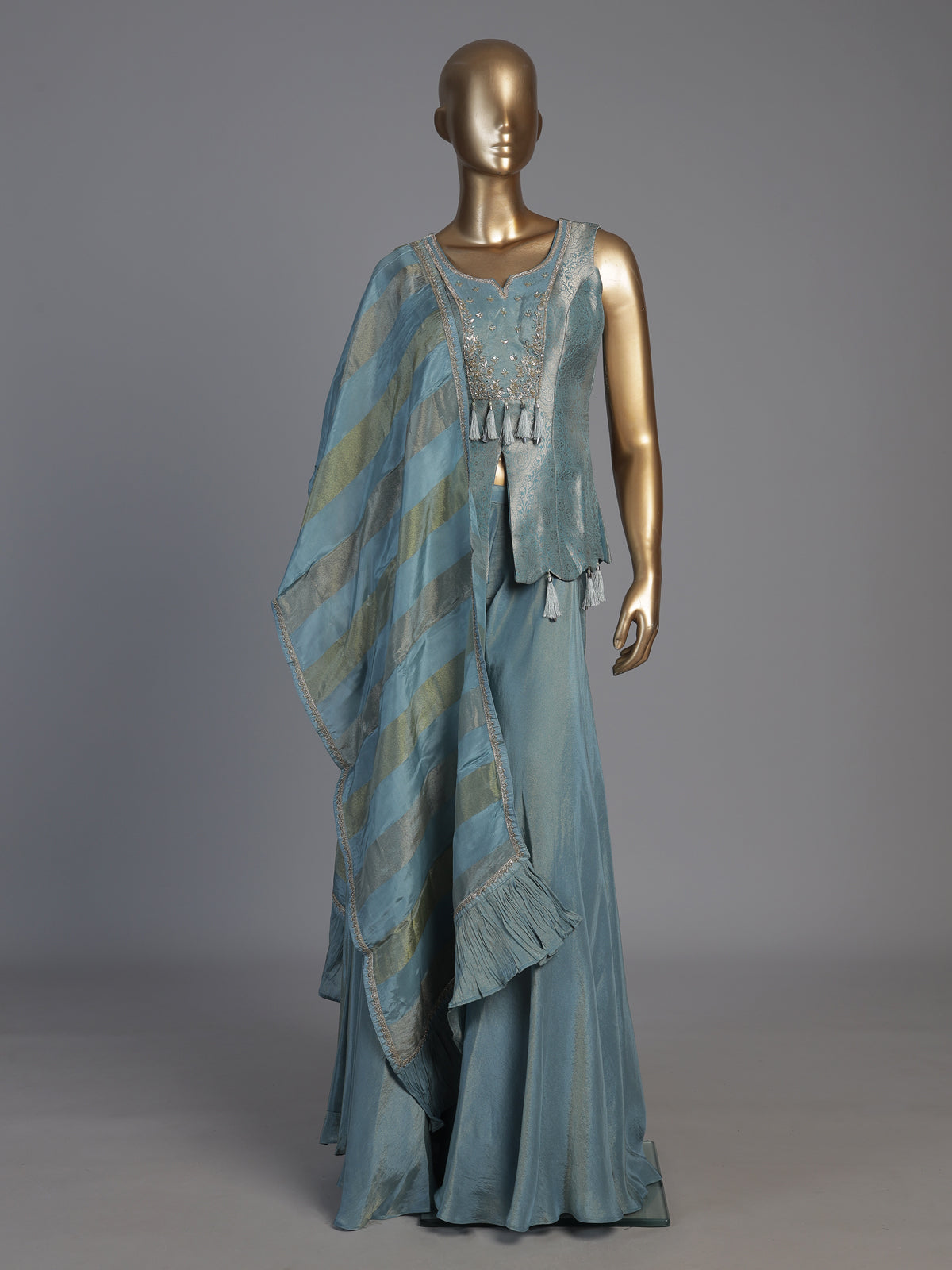 Blue embellished sleeveless sharara suit for women