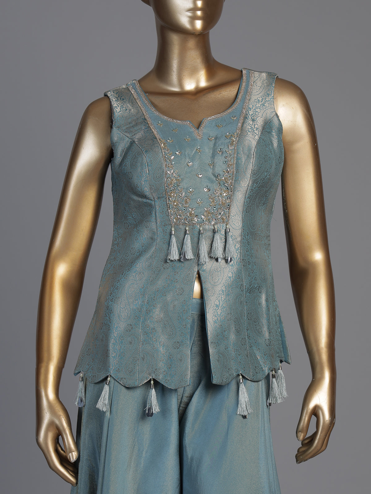 Blue embellished sleeveless sharara suit for women