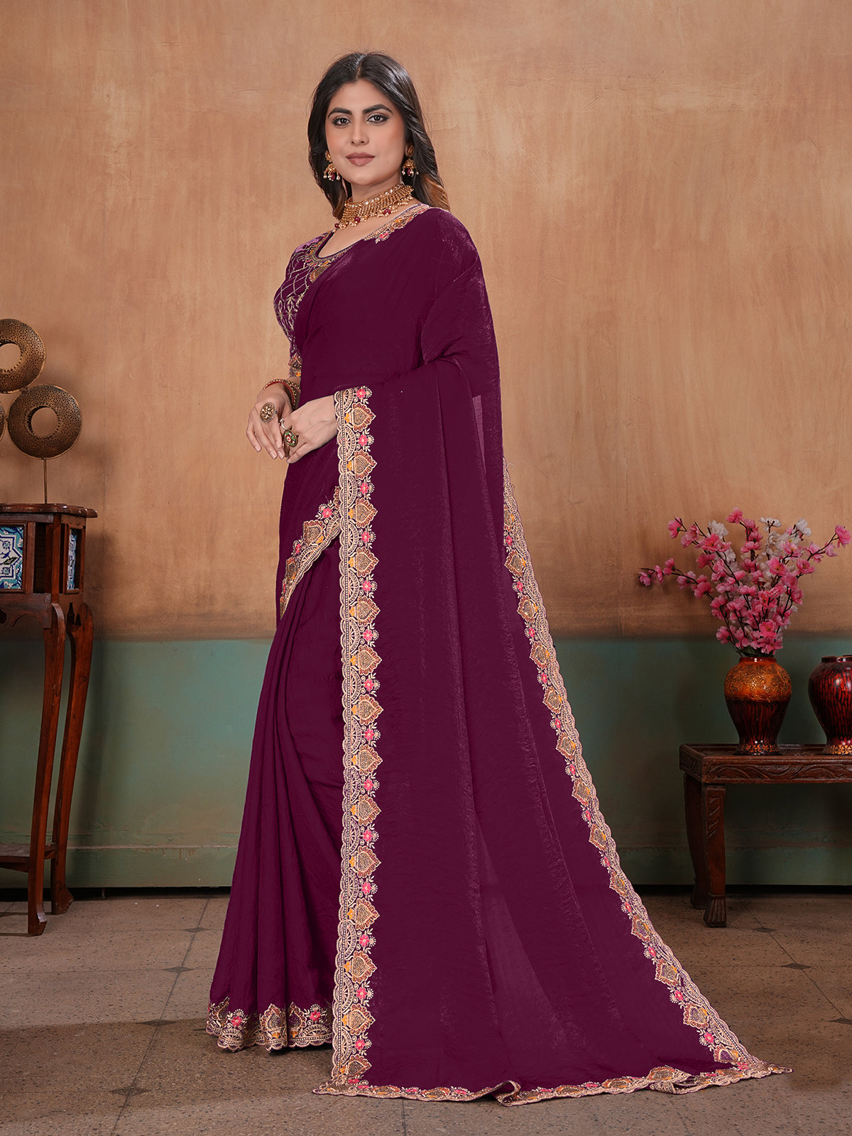 Wine majestic embroidered satin wedding saree