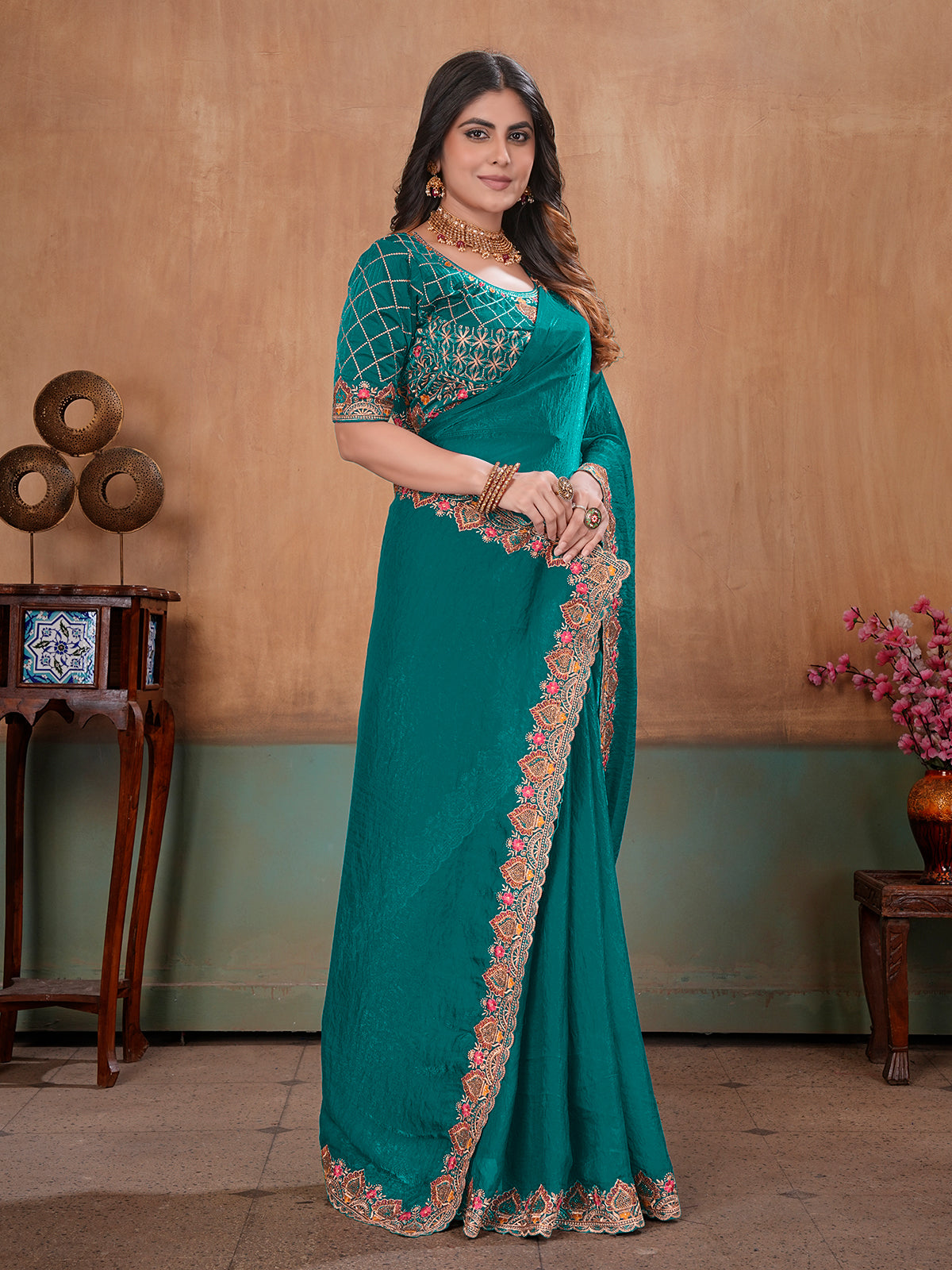 Teal green premium floral satin party saree