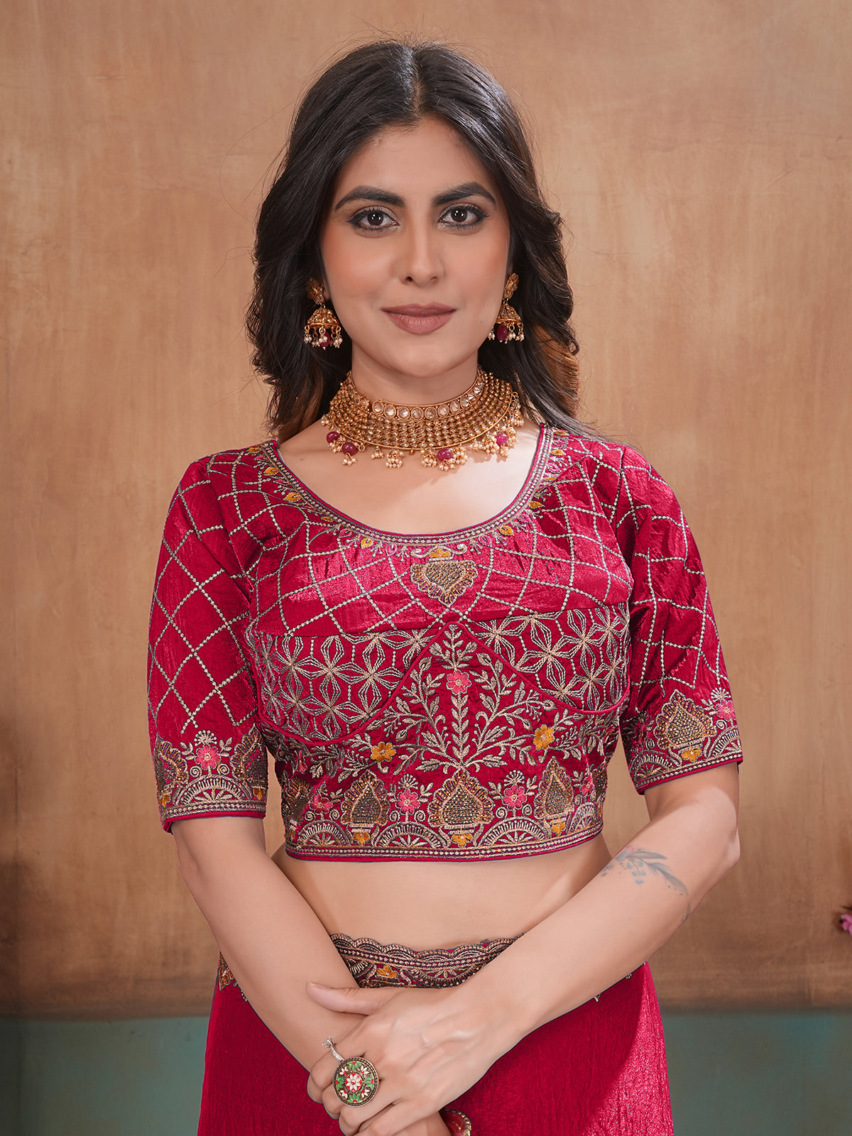 Rani pink royal embroidered satin designer saree