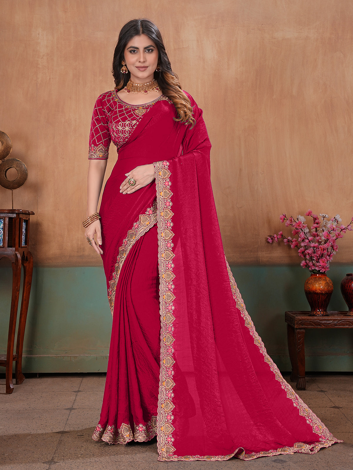 Rani pink royal embroidered satin designer saree